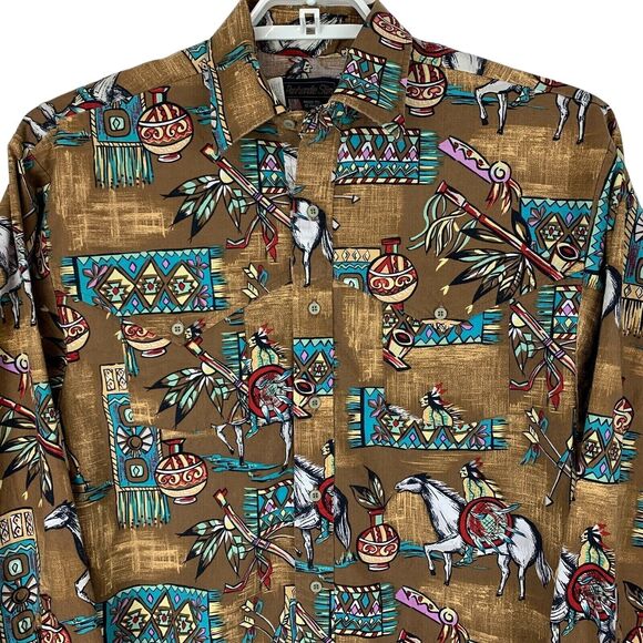 Vintage Panhandle Slim Button Front Shirt Medium Native American Indian Brown - Picture 1 of 8